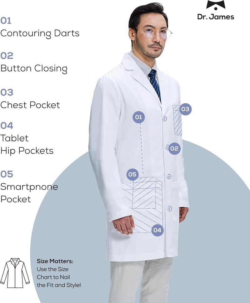 DR. JAMES 100% Cotton Premium Lab Coat for Men, Smartphone & Tablet Pockets, Tailored Fit, Button Closing, 38" Length - Image 2